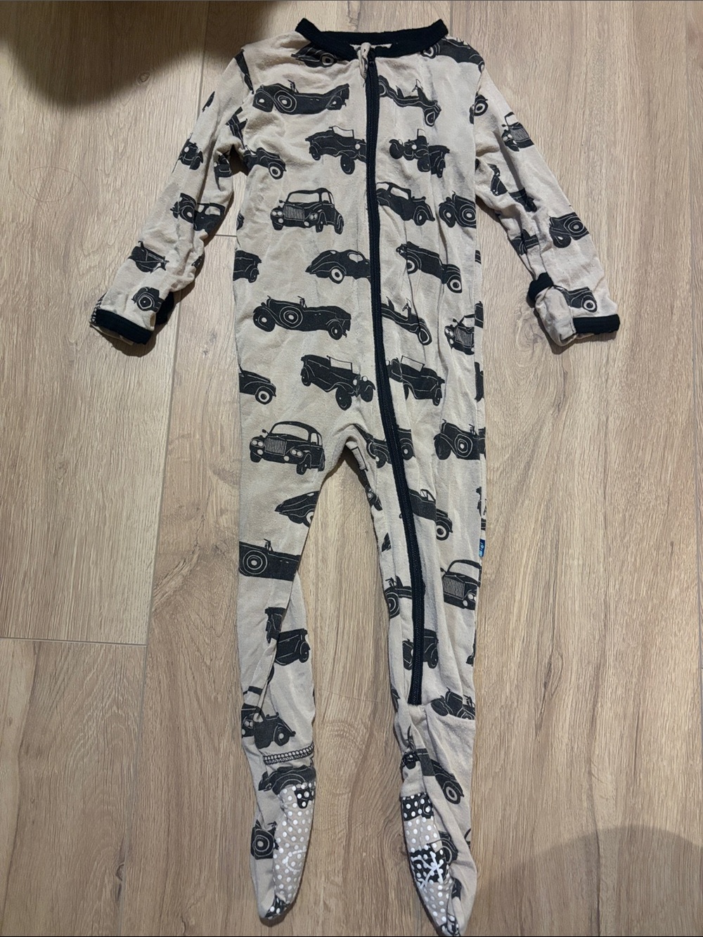 Kickee Pants Beige Footed One-Piece with Black Car Print